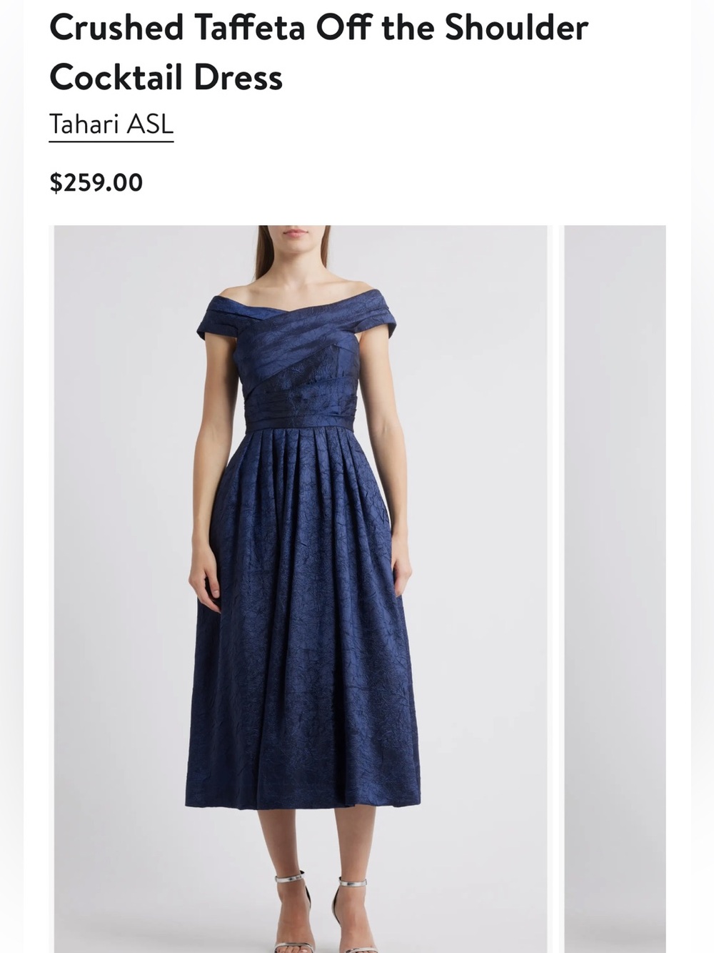 Tahari ASL Crushed Taffeta Off the Shoulder Cocktail Dress Navy sz 8